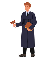 Man in black robe holding gavel and book. Flat vector illustration with Judge from the Professions collection.
