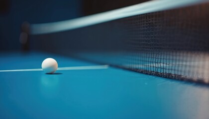 White ping pong ball rests on vibrant blue table near net. Close-up shows sport game equipment. Focus on table tennis detail, intense competition.