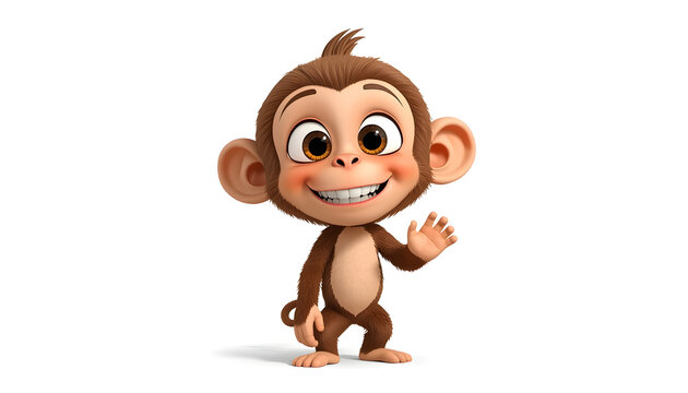 A cute and friendly 3d cartoon mongkey with big eyes,a cheerful smile,and a waving poso. Using a white background. it's suitable for childrens comtent,mascots,character design,education and creative 