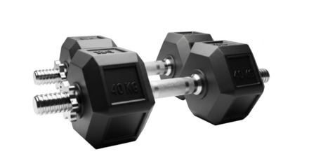 Two black 40 kg hexagonal dumbbells with silver textured handles on a black background weight fitness