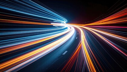 Long exposure shot of car light trails curving on a highway at night, blending colors