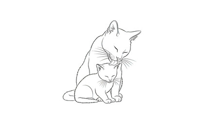 White outline of mother cat grooming kitten on black background parent