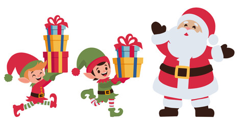Fototapeta premium Cheerful Santa Claus with two elf helpers carrying bright Christmas gift boxes. Festive winter illustration perfect for holiday banners, cards, ads, and seasonal designs