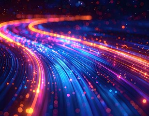 Digital rendering of flowing lines with blurred lights in various hues, hinting motion and energy