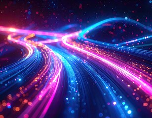 Digital art featuring flowing, glowing lines in vibrant shades of blue, red, and purple