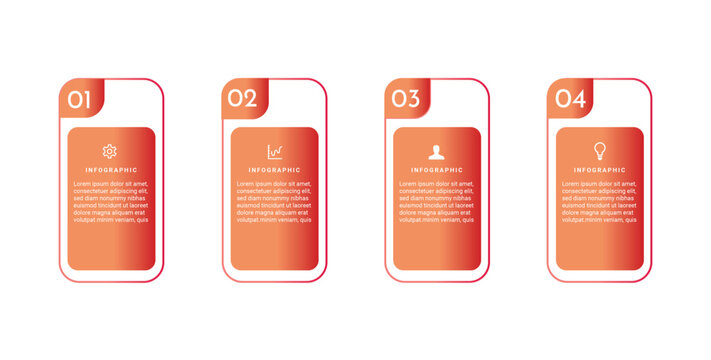 infographic 4 steps with numbered rounded cards and icons. Process diagram for workflow and presentation.