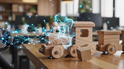 Wooden toy train in a playful learning environment with a digital network overlay - Powered by Adobe