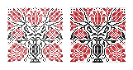 Embroidery Pattern cross stitch bouquet of flowers in vase. Vector illustration