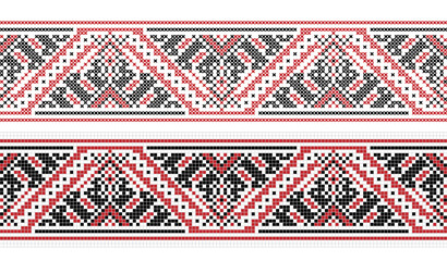 Embroidered cross stitch geometric seamless border pattern. Vector illustration