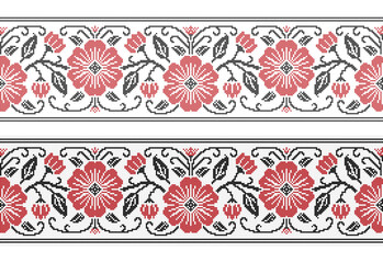 Embroidered cross stitch seamless border pattern of red flowers. Vector illustration