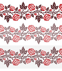 Embroidered cross stitch seamless pattern of roses, leaves and stems with thorns. Vector illustration