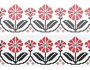 Embroidered cross stitch seamless pattern of stylized convolvulus flowers. Vector illustration