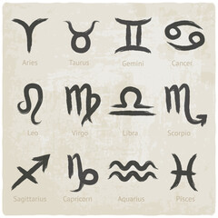 Set of zodiac sign icons drawn with a brush on a grunge background. Vector illustration