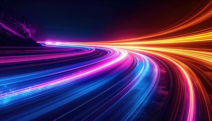 Curved neon road with speed lines, mountains on the left, dark background