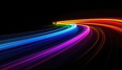 Vivid, flowing light trails curving across a dark backdrop, showcasing a spectrum of vibrant colors