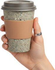 Hand holding reusable eco friendly coffee cup isolated on white background sustainable lifestyle concept image suitable for beverage advertisement and zero waste.
