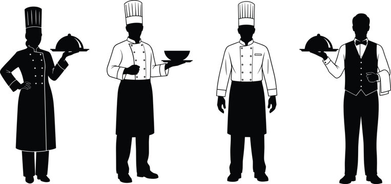 Collection of black silhouettes of chefs and waiters holding food trays isolated on white background for restaurant menu catering advertisement.