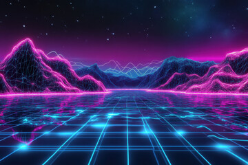 vibrant synthwave valley landscape featuring neon pink mountains turquoise planet horizon glowing blue grid pathway evoking retro futuristic nostalgia perfect for digital wallpaper or sci-fi banner 