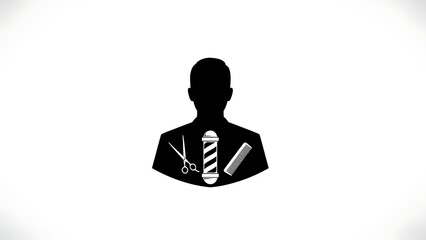 A black silhouette of a barber with scissors and a comb on a white background