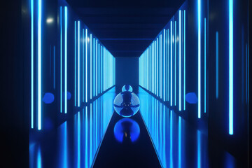 futuristic glowing crystal sphere in infinite blue neon corridor reflecting ethereal lights for sci-fi wallpaper and banner