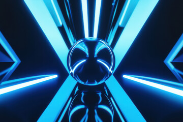 futuristic glowing crystal sphere in infinite blue neon corridor reflecting ethereal lights for sci-fi wallpaper and banner