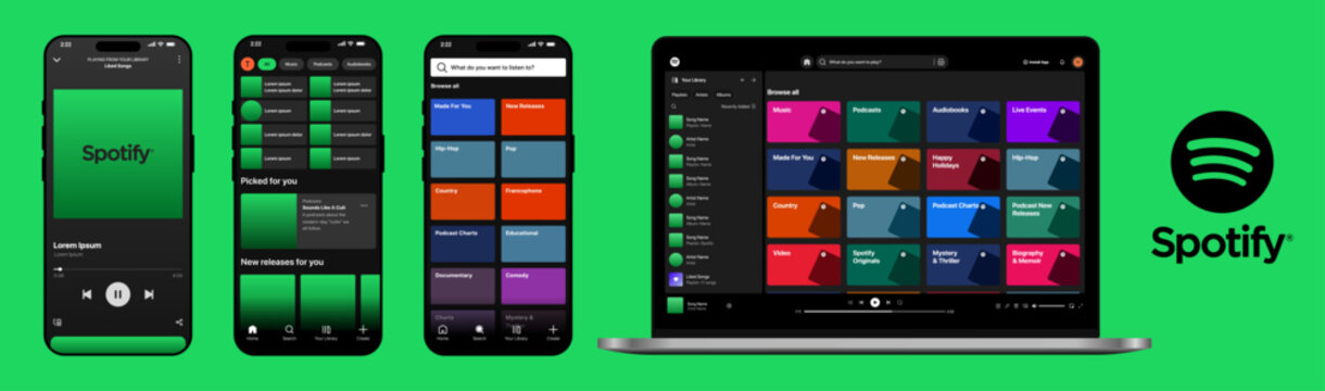 Spotify music app interface on smartphone and laptop mockup
Spotify streaming platform UI screens for mobile and desktop devices