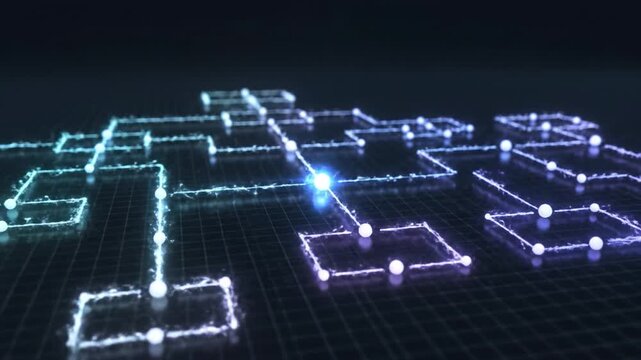 Glowing circuit network node grid connection electricity glowing data technology digital glowing blue particle electric trails soft bokeh lights futuristic energy motion cool neon atmosphere glowing