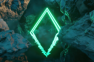 neon green triangular portal illuminates misty rocky canyon with glowing river under stormy sky evoking futuristic mystery for sci-fi wallpaper or digital banner