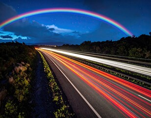 Long exposure shot of car trails on highway beneath a rainbow at night
