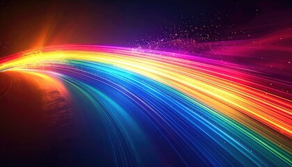 Vivid, flowing lines of light in rainbow hues, curving across a dark backdrop