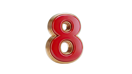 3D Red and gold number 8 with layered effect on transparent background