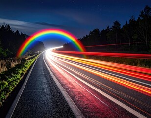 Long exposure captures streaking car lights on an open road, with a rainbow arched above