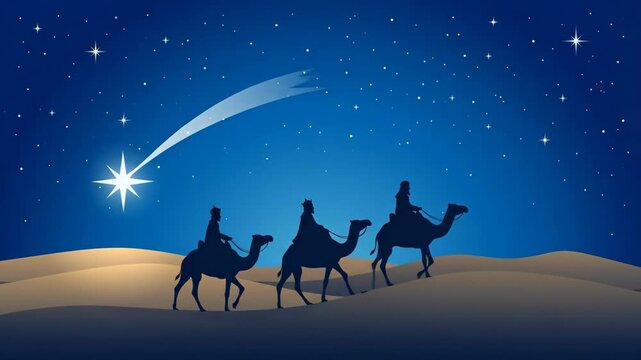 three wise men silhouettes riding camels in desert night. biblical magi following star of bethlehem. christian nativity scene concept. christmas holiday greeting card, religious background.