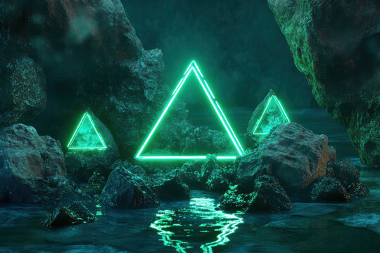 neon green triangular portal illuminates misty rocky canyon with glowing river under stormy sky evoking futuristic mystery for sci-fi wallpaper or digital banner - Powered by Adobe