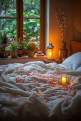 Cozy bedroom with warm lighting and floral blanket