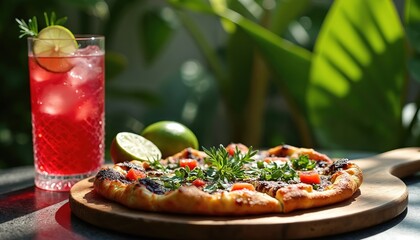 Black squid ink pizza with herbs sits by a glass of pink hibiscus drink. Lime wedges rest near pizza. Lush green plants form a soft background. Meal is served outdoors on sunny day.