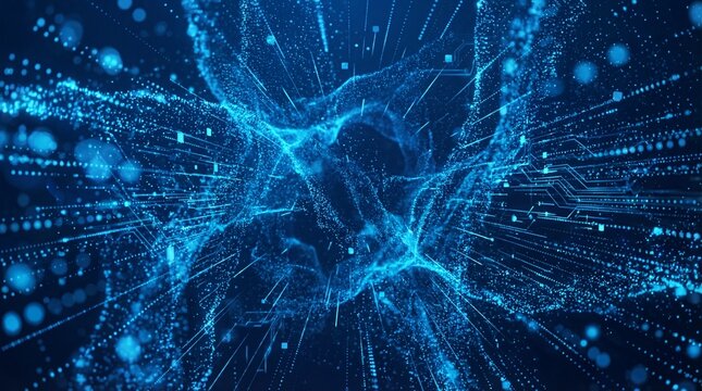 Vibrant blue circuit board with glowing neon connections and data streams - Powered by Adobe