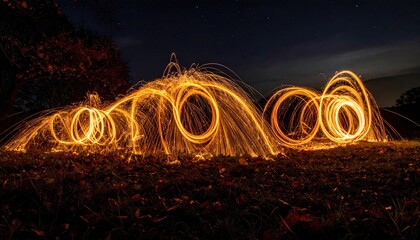 Long exposure shot of fiery light trails spinning in the grass at night