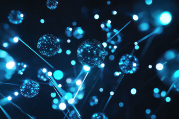 abstract futuristic blue network spheres interconnecting with glowing nodes in dark cosmic void perfect for tech wallpaper or sci-fi banner