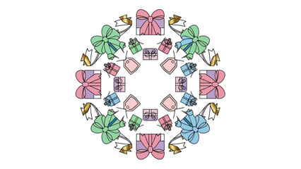 Circular Ornament of Gifts, Ribbons, and Gift Tags - Celebration & Holiday Design
