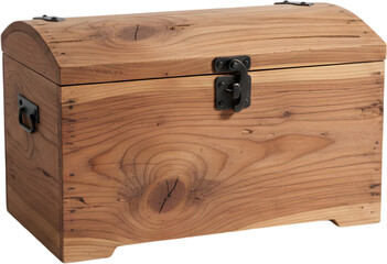 Small wooden treasure chest box with metal latch isolated on white background ideal for storage furniture toys and pirate adventure concepts.