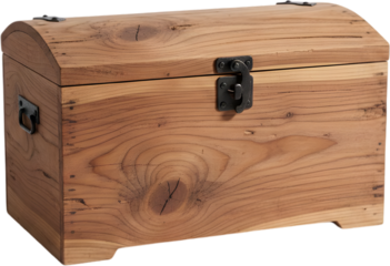 Small wooden treasure chest box with metal latch isolated on white background ideal for storage furniture toys and pirate adventure concepts.