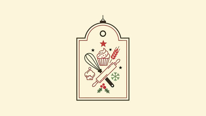 Baking Holiday Tag Icon: Cupcake, Whisk, Rolling Pin, Holly, Snowflake