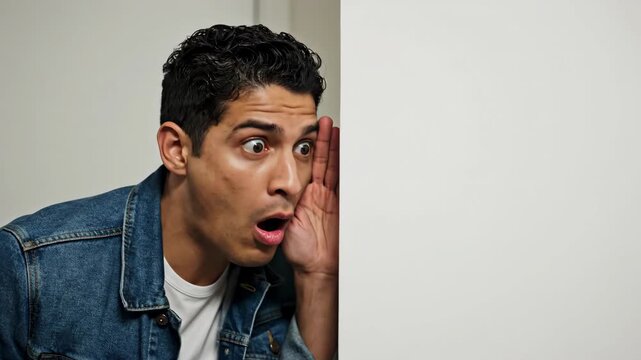 curious young man in denim jacket pressing ear to white wall and listening. shocked guy eavesdropping on conversation or secrets. gossip and privacy concept.  copyspace.