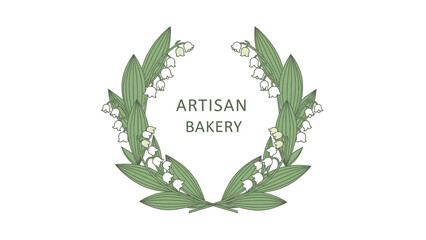 Artisan Bakery Wreath Logo with Lily of the Valley Flowers and Leaves