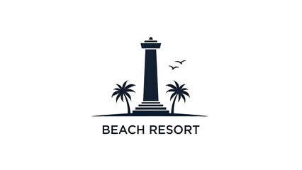 Beach Resort Lighthouse Logo with Palm Trees and Seagulls