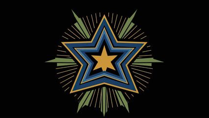 Abstract Geometric Starburst Emblem with Rays on Black Background