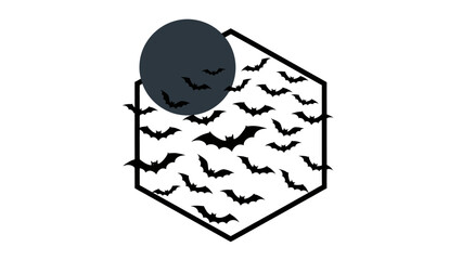 Halloween bats swarm moon inside hexagon graphic design