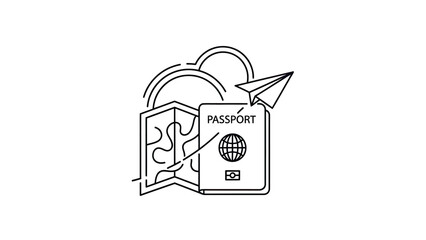 Travel planning icon: passport, map, paper airplane, and cloud outlines