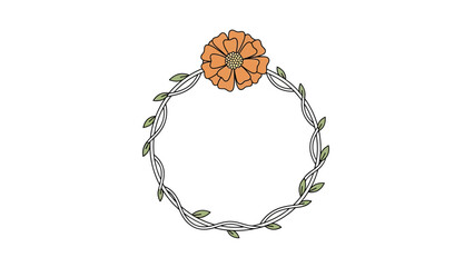 Hand-drawn floral wreath with orange marigold and green leaves, rustic design
